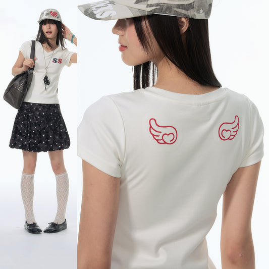 NewJNXS Polka Dot Embroidered V-Neck Slim-Fit T-Shirt