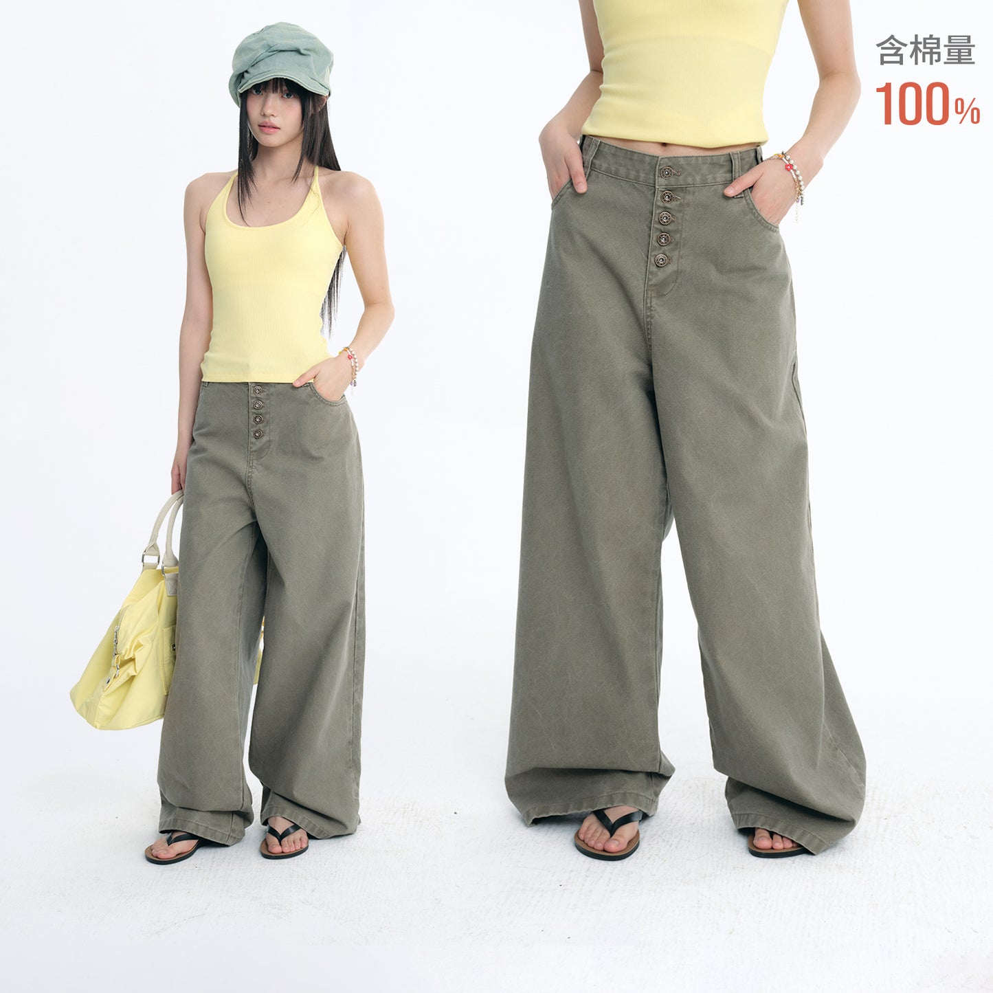 NewJNXS Washed Five-Button Embroidered Loose Straight-Leg Cargo Pants