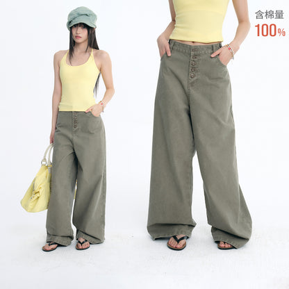 NewJNXS Washed Five-Button Embroidered Loose Straight-Leg Cargo Pants