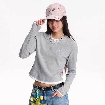 NewJNXS Waffle-Knit Color Block Layered-Look Long Sleeve Tee