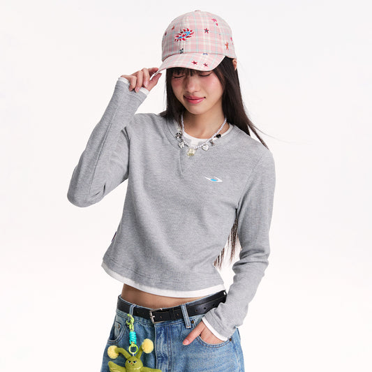 NewJNXS Waffle-Knit Color Block Layered-Look Long Sleeve Tee