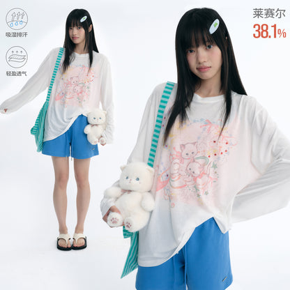 NewJNXS Lyocell Cat Print Bow Blouse