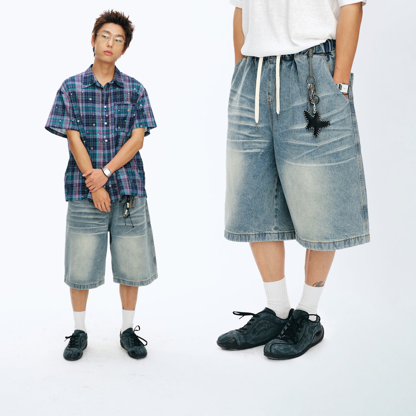 NewJNXS Whisker Washed Denim Drawstring Shorts