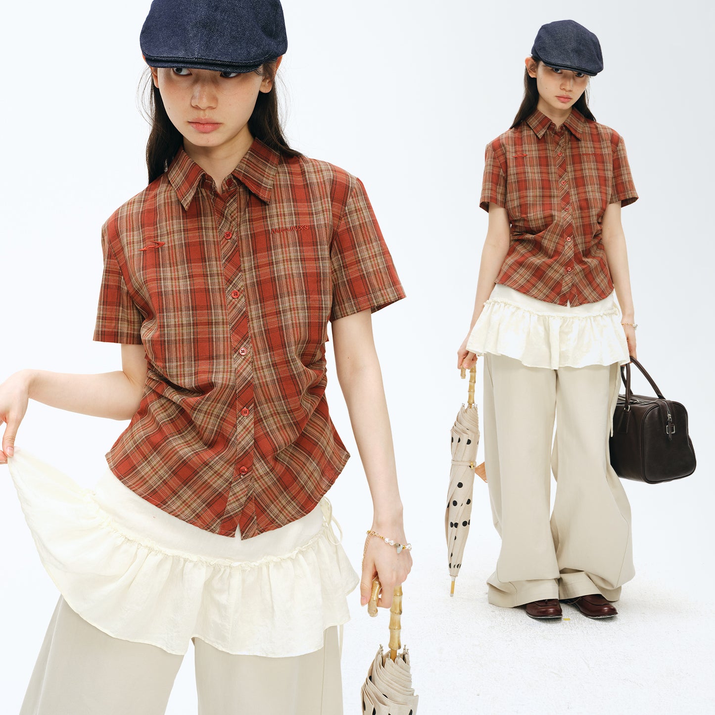 NewJNXS Vintage Plaid Pleated Slim Shirt