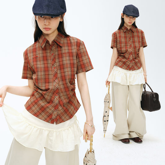 NewJNXS Vintage Plaid Pleated Slim Shirt