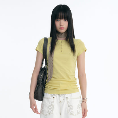 Embroidered Logo Ruched Henley T-Shirt