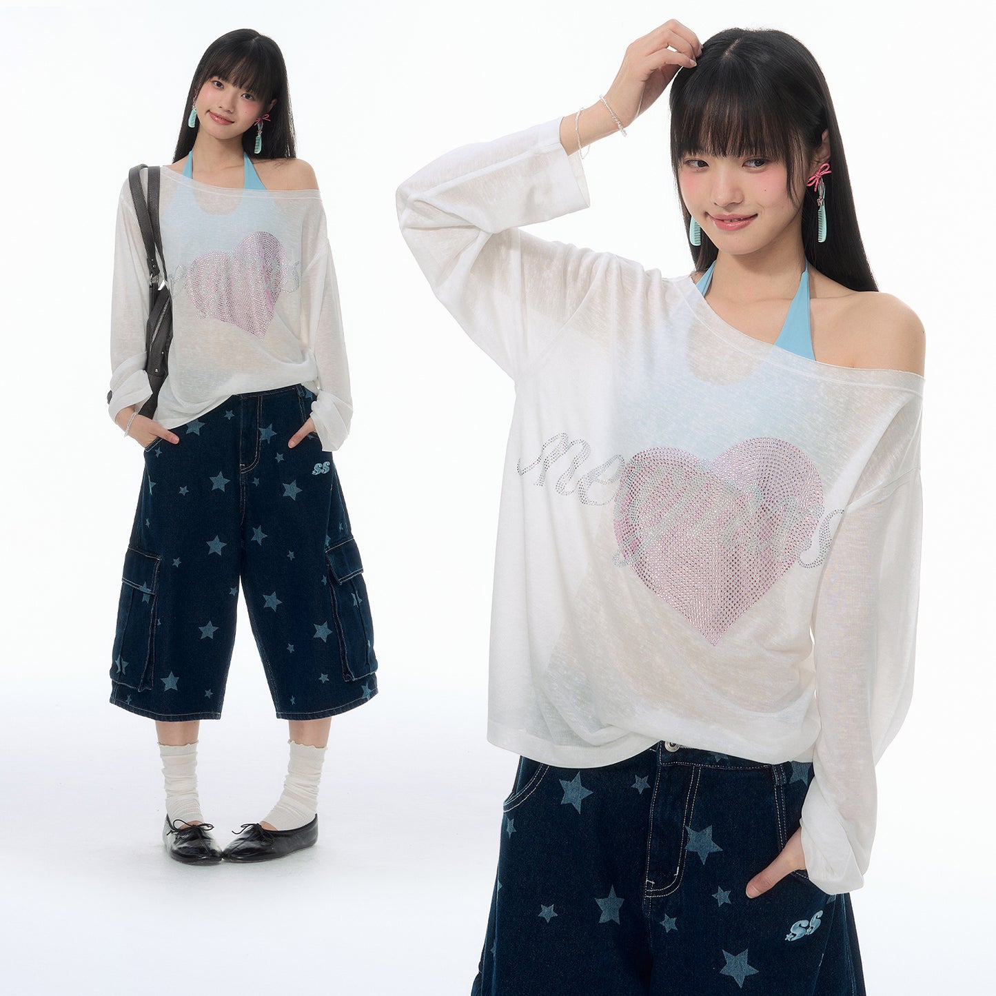 NewJNXS SS Lyocell Knit Off-Shoulder Rhinestone Cover-Up Top