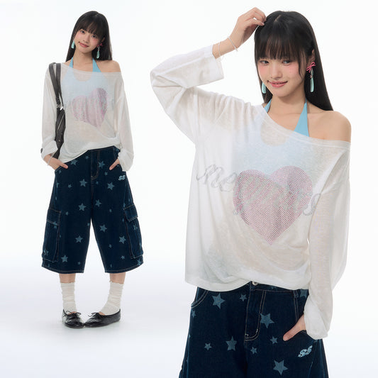 NewJNXS SS Lyocell Knit Off-Shoulder Rhinestone Cover-Up Top