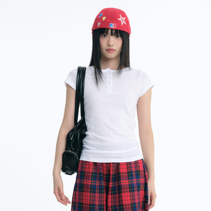 Embroidered Logo Ruched Henley T-Shirt