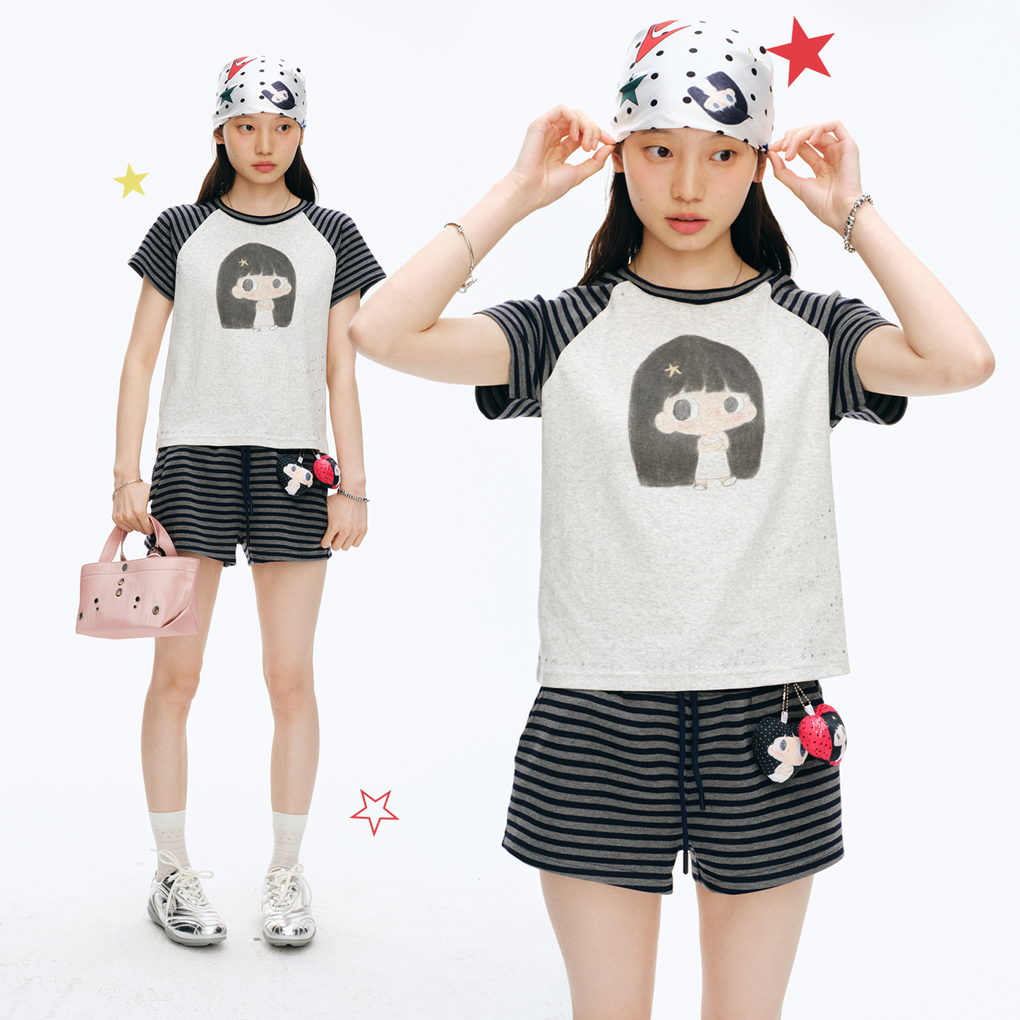 【NewJNXS x Kuku】 Girl Graphic Striped Patch Cropped Slim T-Shirt