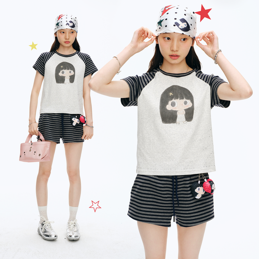 【NewJNXS x Kuku】 Girl Graphic Striped Patch Cropped Slim T-Shirt
