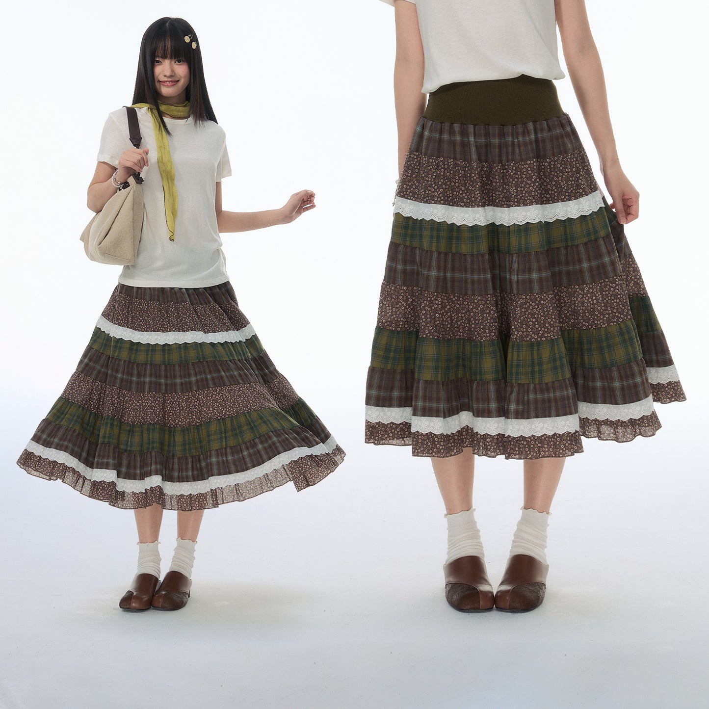 NewJNXS SS Plaid & Floral Patchwork Maxi Skirt