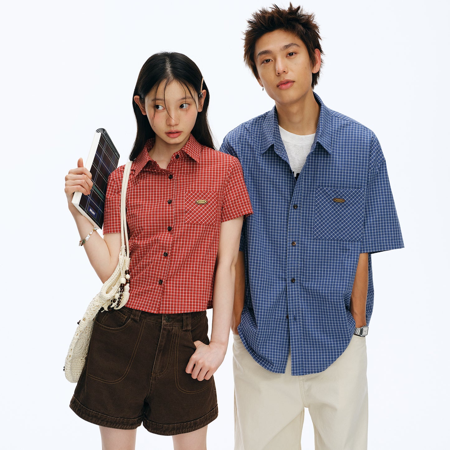 NewJNXS Vintage Plaid Drop Shoulder Couple Shirt