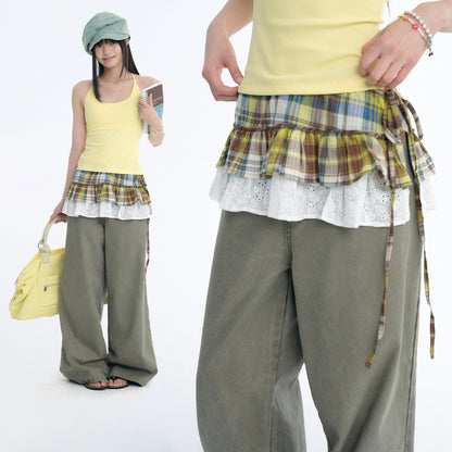 Double-Layer Plaid Lace Ruffle Layering Skirt Wrap