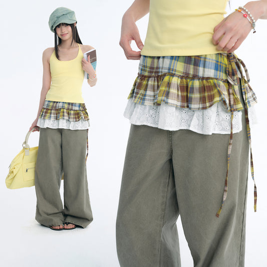 Double-Layer Plaid Lace Ruffle Layering Skirt Wrap