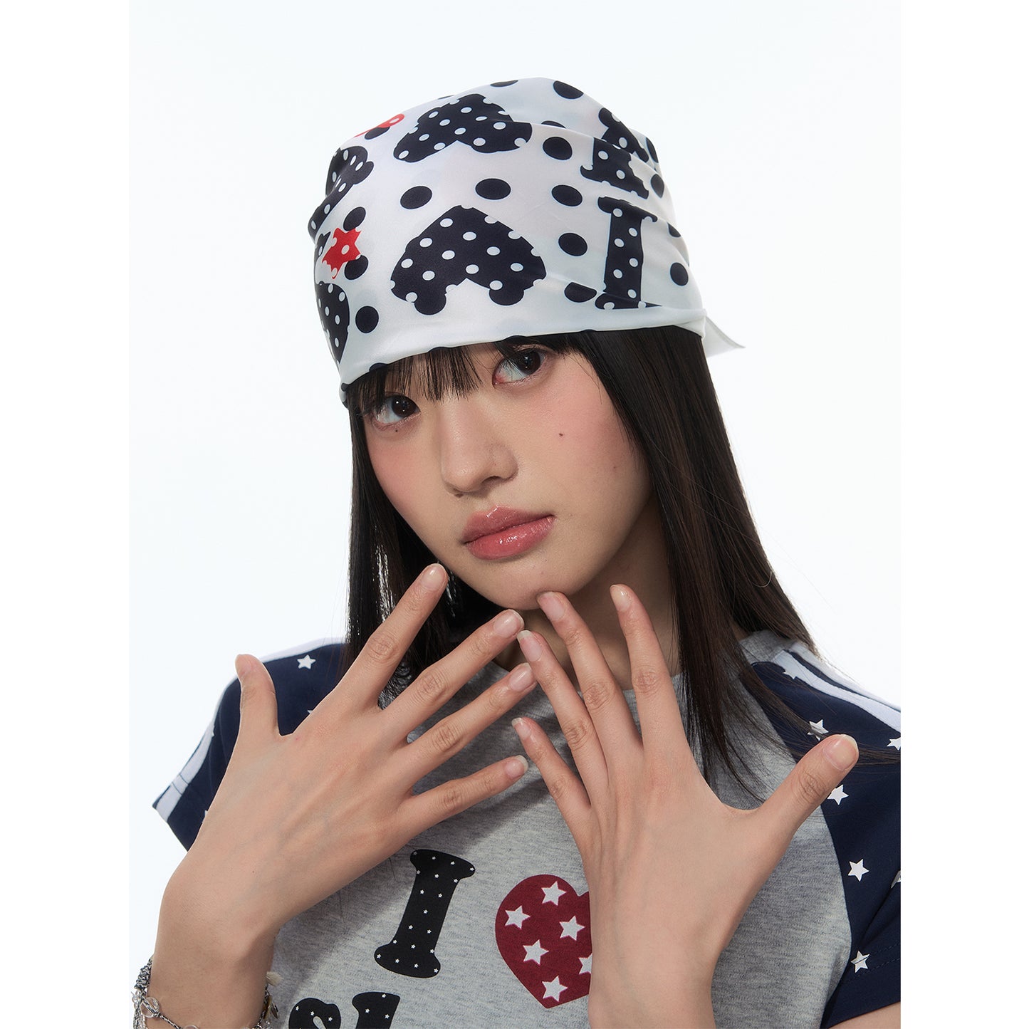 NewJNXS SS Silky Polka Dot Heart Square Scarf