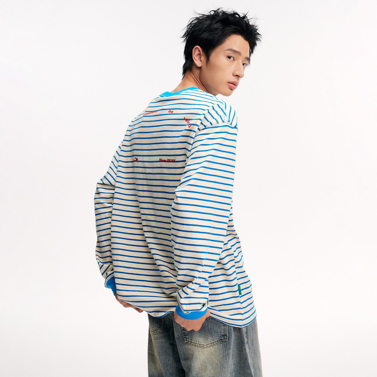 NewJNXS 100% Cotton Contrast Stripe Long Sleeve T-Shirt