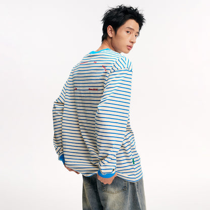 NewJNXS 100% Cotton Contrast Stripe Long Sleeve T-Shirt