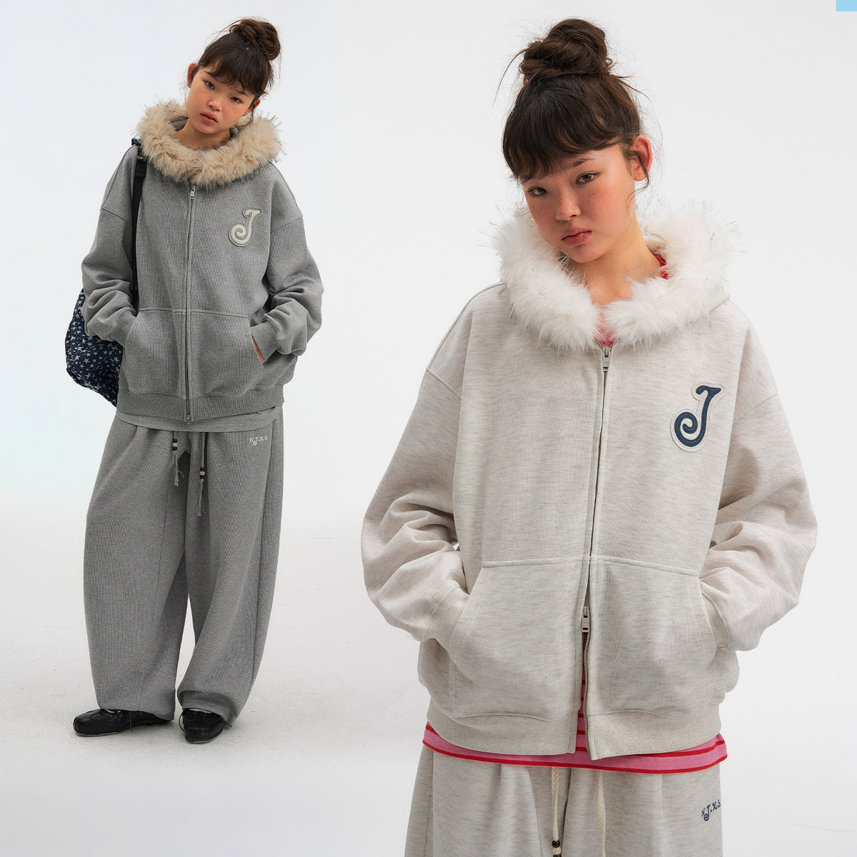 NewJNXS Detachable Plush Collar Jacket & Pants Set