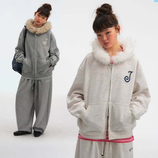 NewJNXS Detachable Plush Collar Jacket & Pants Set