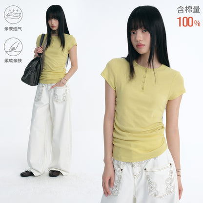 Embroidered Logo Ruched Henley T-Shirt