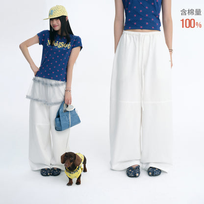 NewJNXS Cotton Drawstring Elastic Waist Wide-Leg Pants