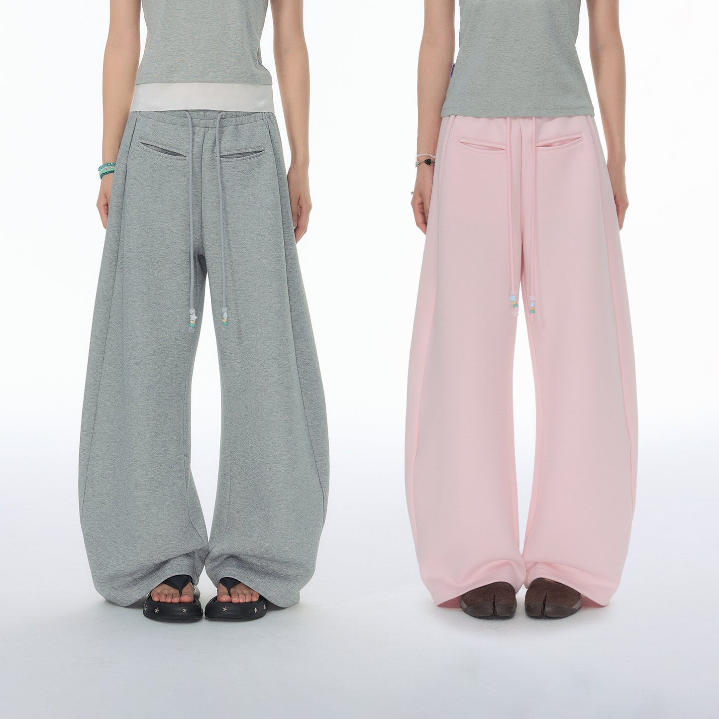 NewJNXS SS Beaded Drawstring Barrel-Leg Pants