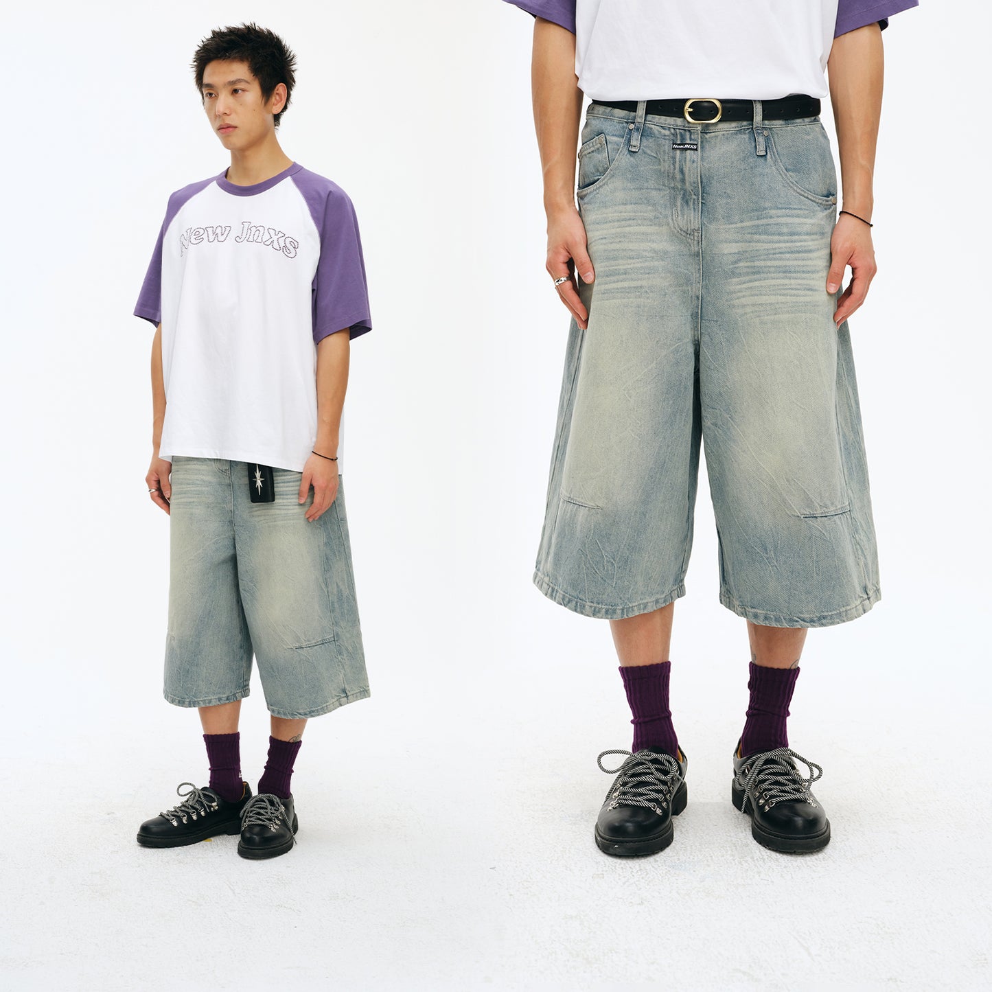 NewJNXS Vintage Wash Wide-Leg Denim Longline Shorts