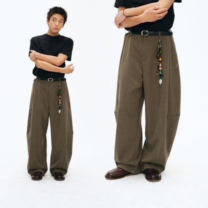 NewJNXS Cotton-Linen Adjustable Pleated Curved-Leg Pants