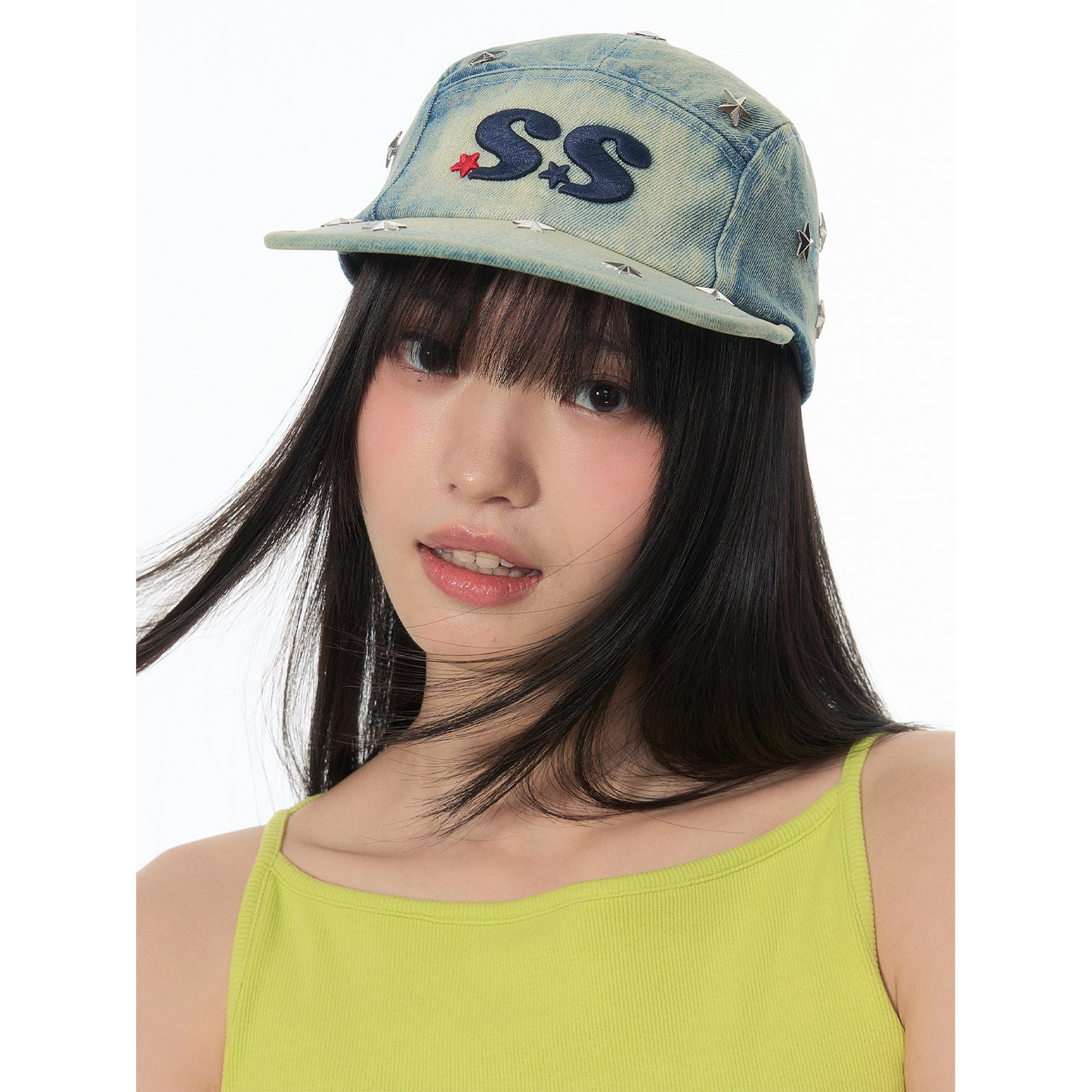 NewJNXS SS Washed Denim Star Studded Embroidered Flat Brim Cap