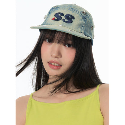 NewJNXS SS Washed Denim Star Studded Embroidered Flat Brim Cap