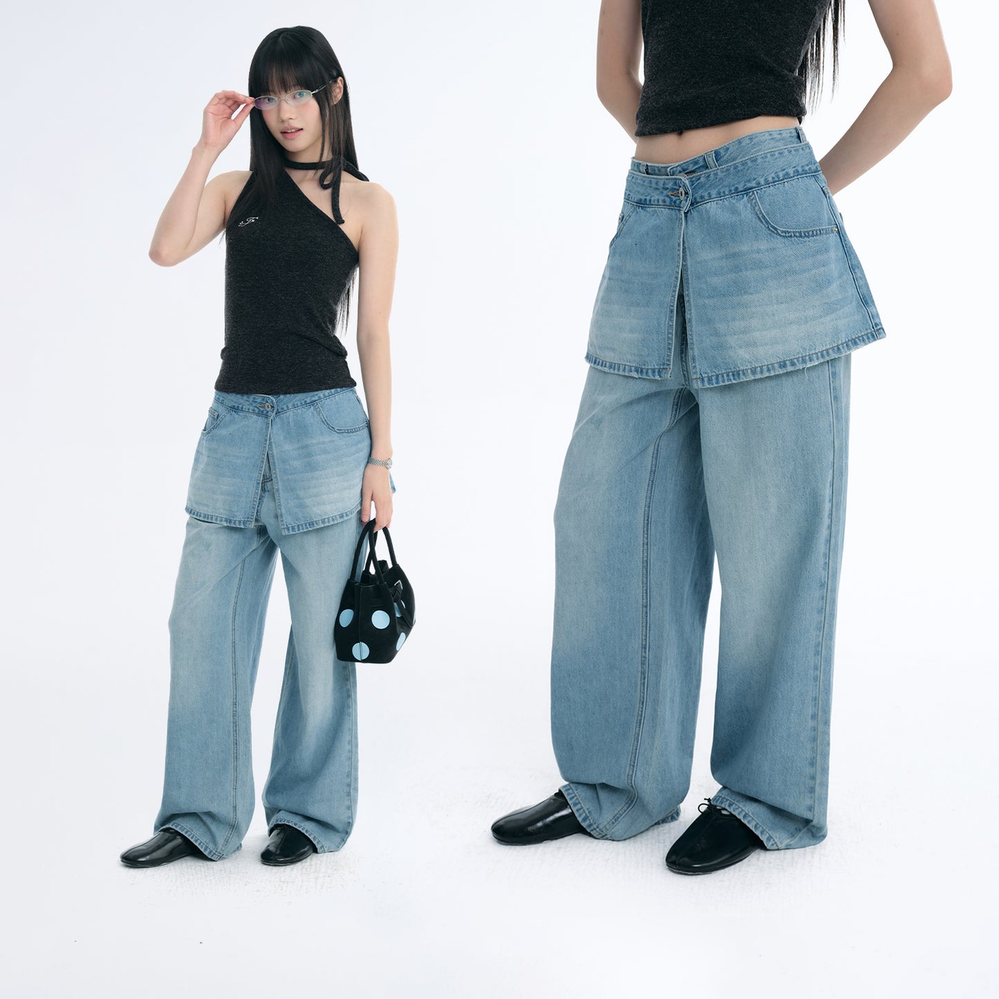 NewJNXS Detachable Layered Wide-Leg Jeans