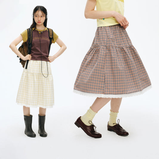 NewJNXS Salted Caramel Plaid Lace Skirt