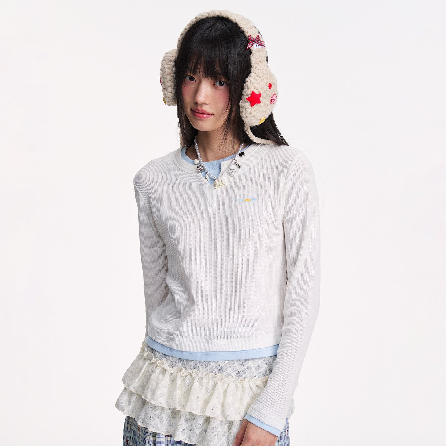 NewJNXS Waffle-Knit Color Block Layered-Look Long Sleeve Tee