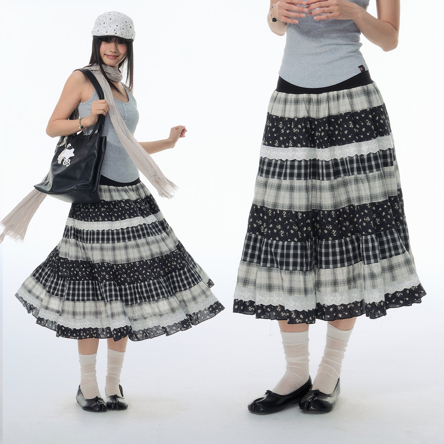 NewJNXS SS Plaid & Floral Patchwork Maxi Skirt