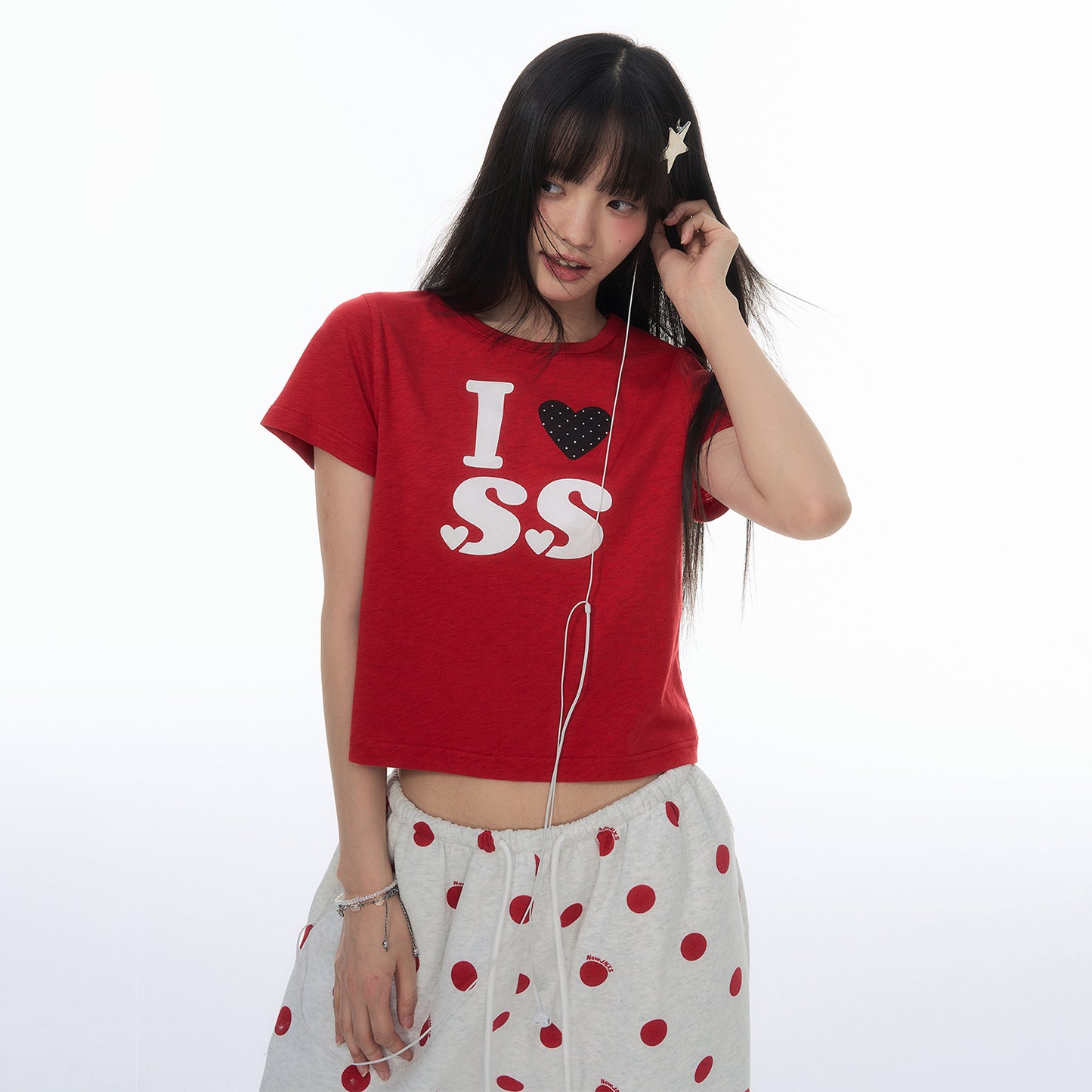 NewJNXS Rhinestone Heart Cropped T-Shirt