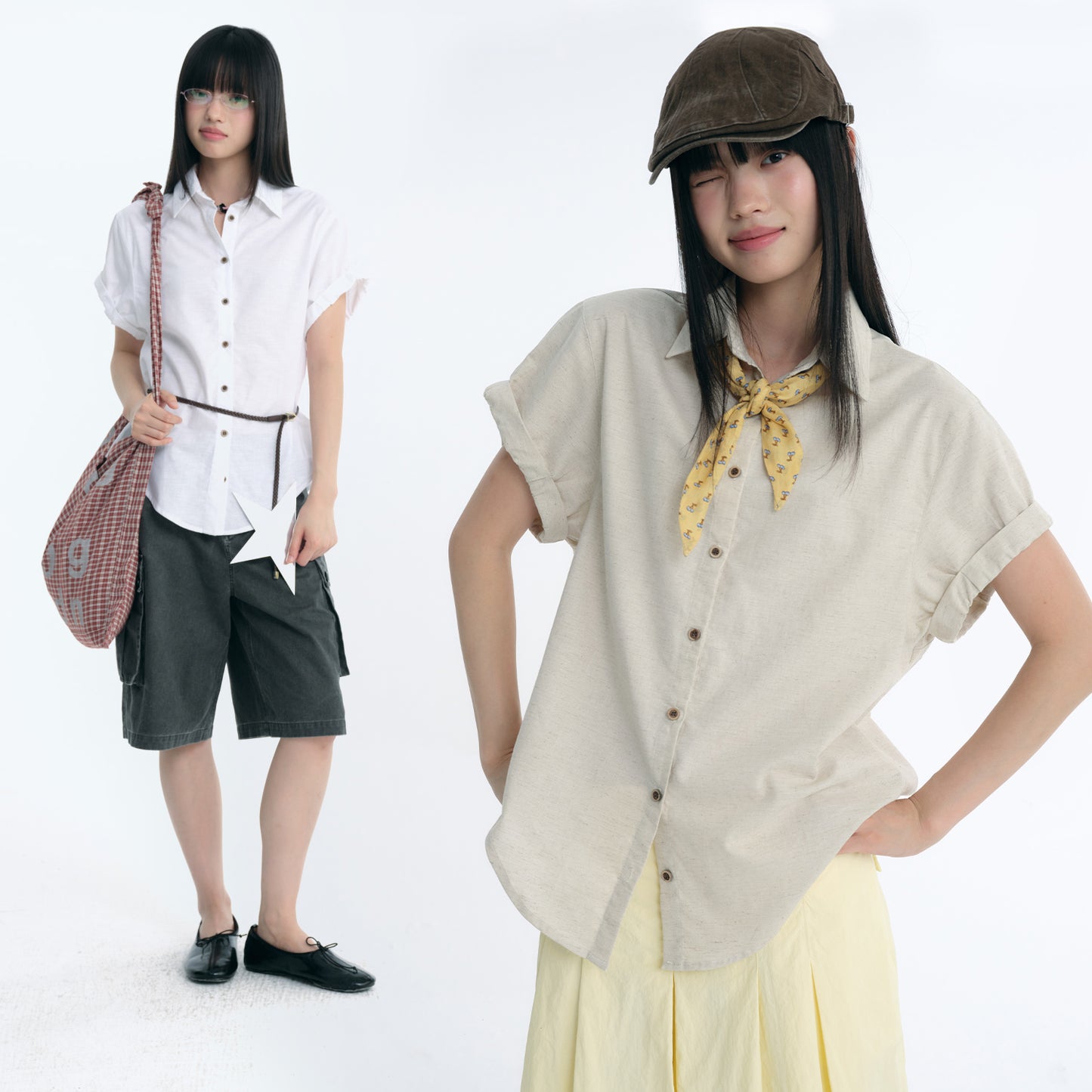 NewJNXS Linen-Cotton Blend Short-Sleeve Shirt