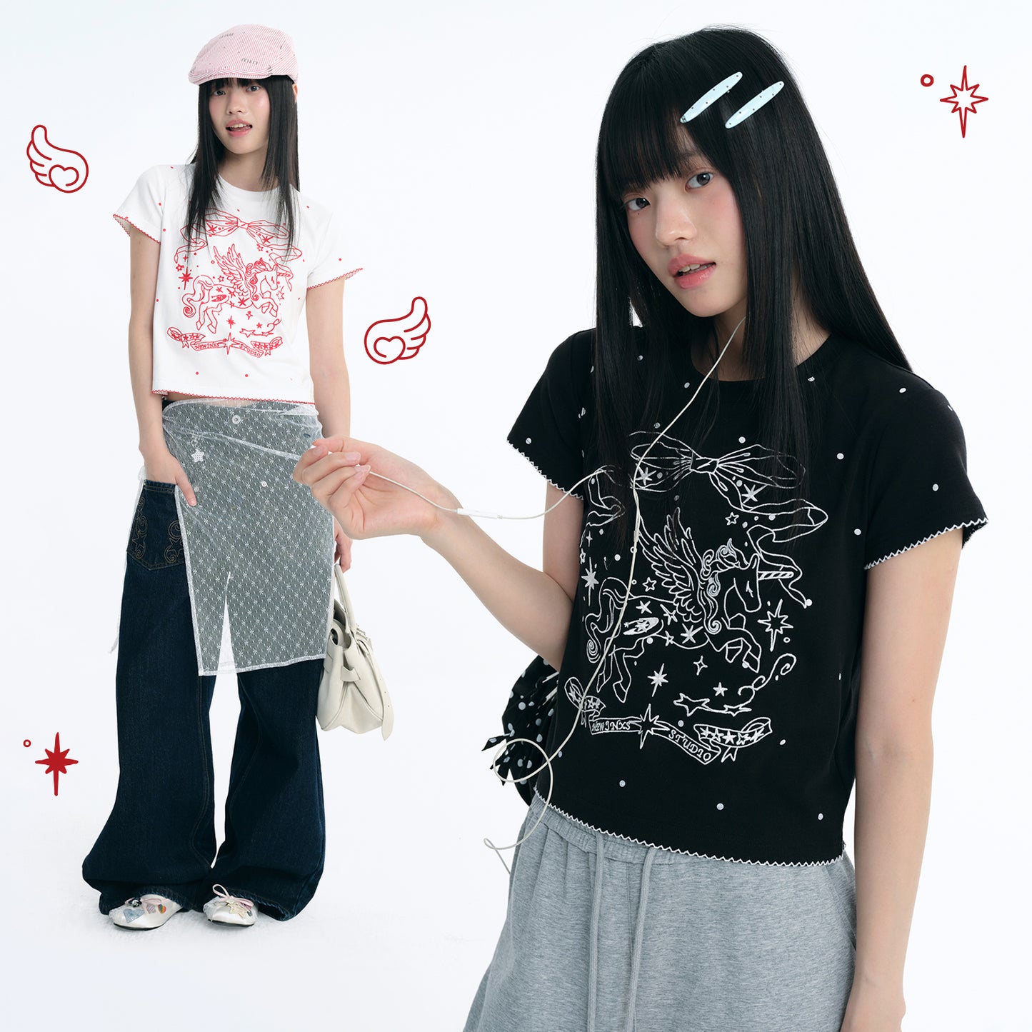 NewJNXS Unicorn Polka Dot Print Slim-Fit T-Shirt& Pet Tee