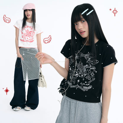 NewJNXS Unicorn Polka Dot Print Slim-Fit T-Shirt& Pet Tee
