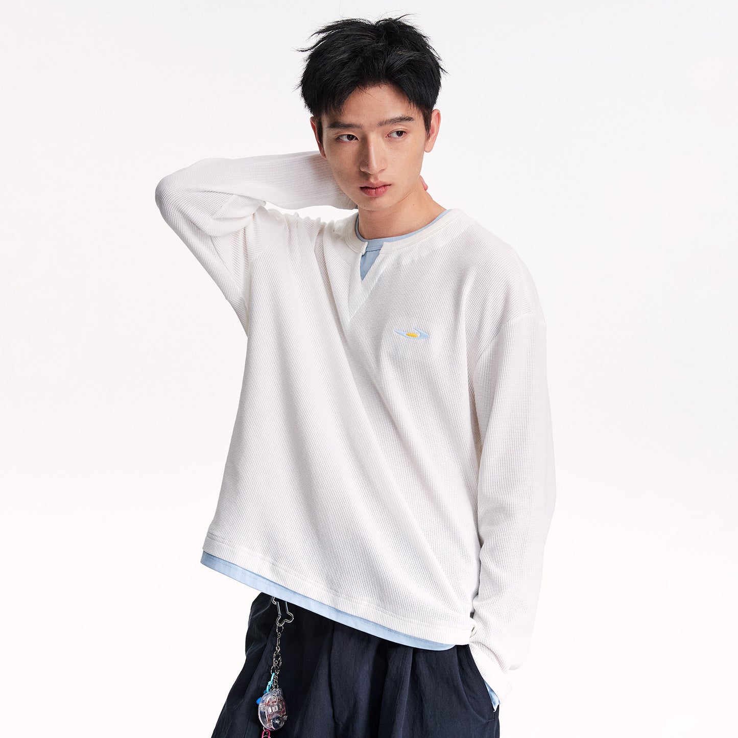 NewJNXS Waffle-Knit Color Block Layered-Look Long Sleeve Tee