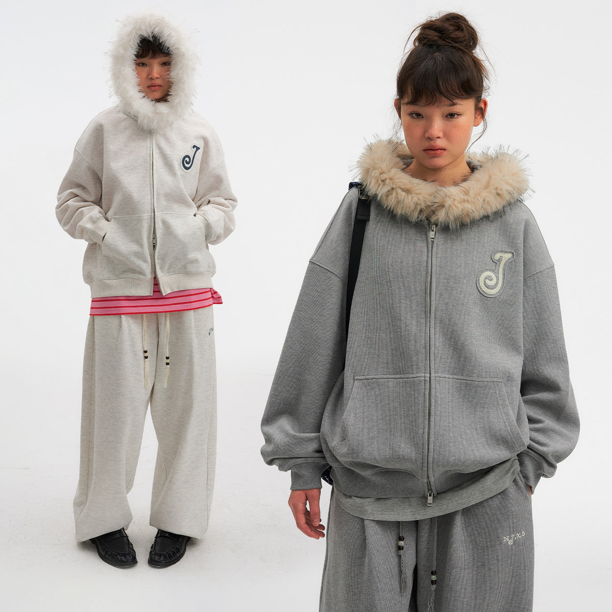 NewJNXS Detachable Plush Collar Jacket & Pants Set