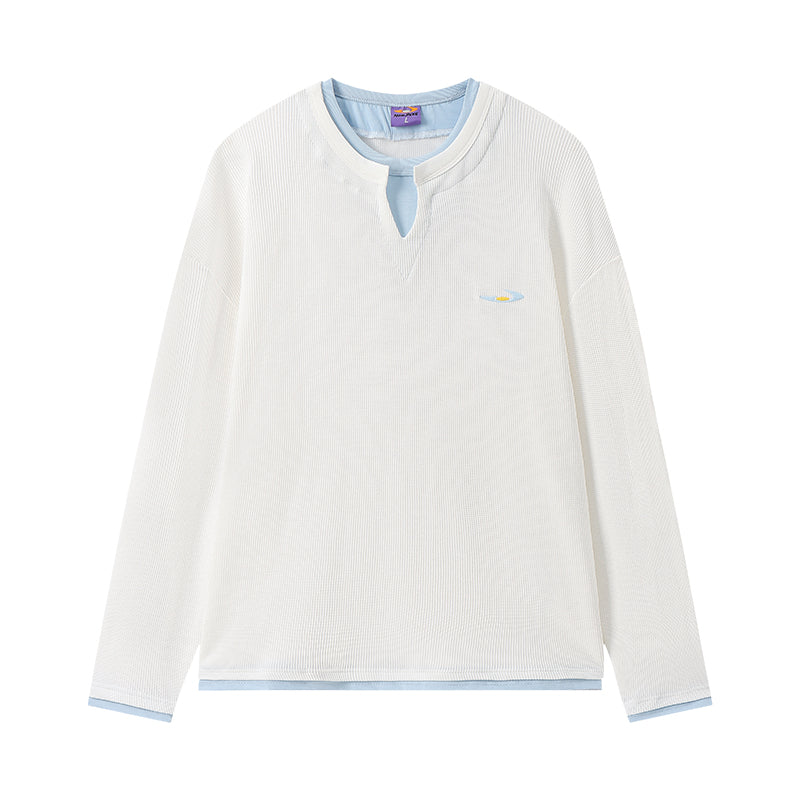 NewJNXS Waffle-Knit Color Block Layered-Look Long Sleeve Tee