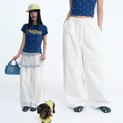 NewJNXS Cotton Drawstring Elastic Waist Wide-Leg Pants