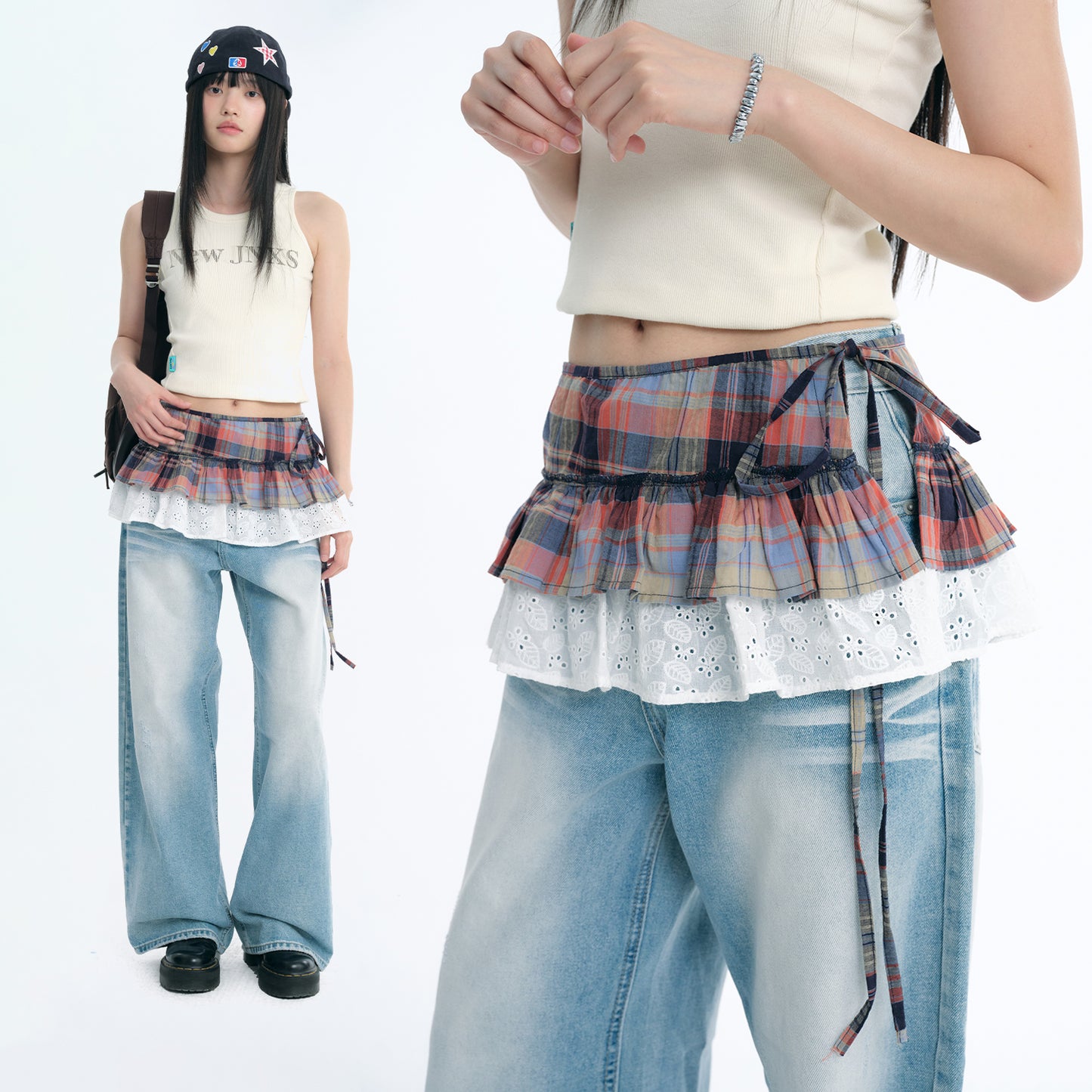 Double-Layer Plaid Lace Ruffle Layering Skirt Wrap