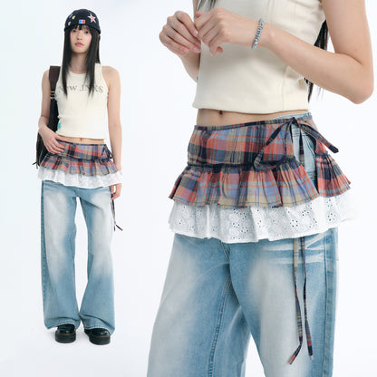 Double-Layer Plaid Lace Ruffle Layering Skirt Wrap