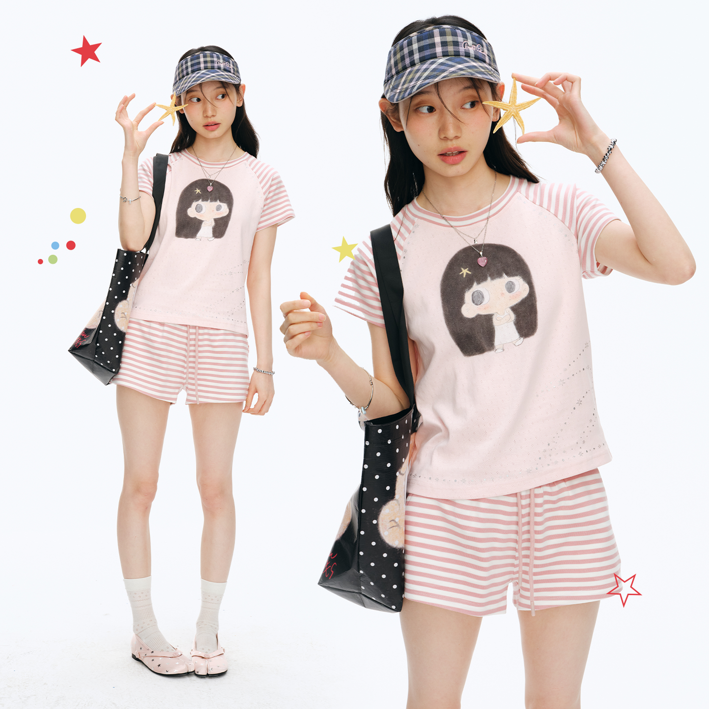 【NewJNXS x Kuku】 Girl Graphic Striped Patch Cropped Slim T-Shirt