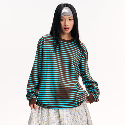 NewJNXS 100% Cotton Contrast Stripe Long Sleeve T-Shirt