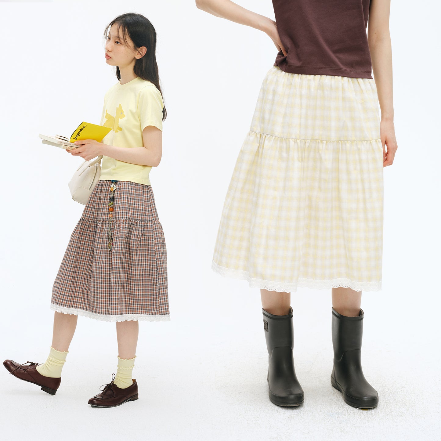 NewJNXS Salted Caramel Plaid Lace Skirt