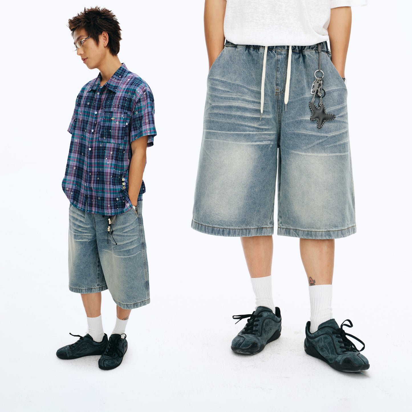 NewJNXS Whisker Washed Denim Drawstring Shorts