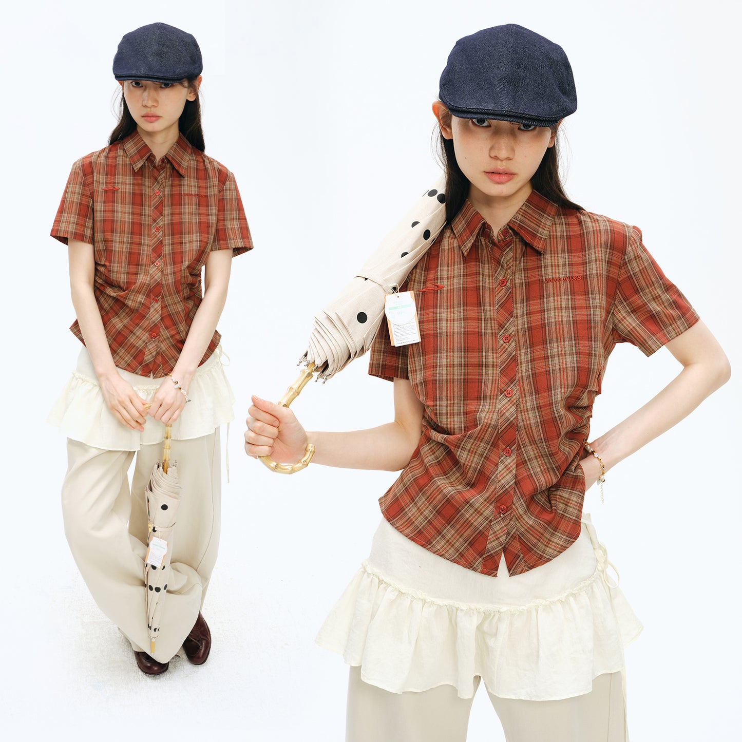 NewJNXS Vintage Plaid Pleated Slim Shirt